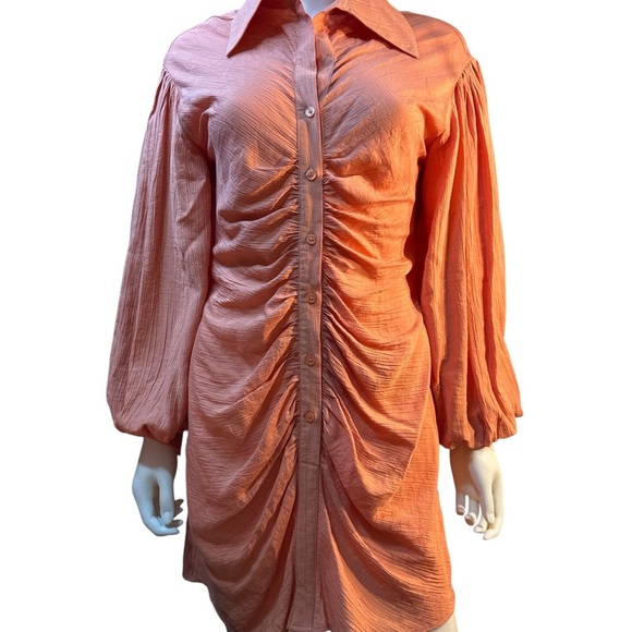 HYFVE  Ruched  Button Front Orange Mini Long Sleeve Rayon Blend Dress Sz S NWT - Picture 1 of 7